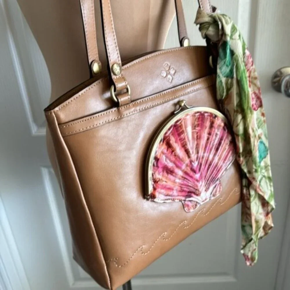 Patricia Nash Poppy Tote Leather w Seashells by the Seashore Scarf Tan Naturale